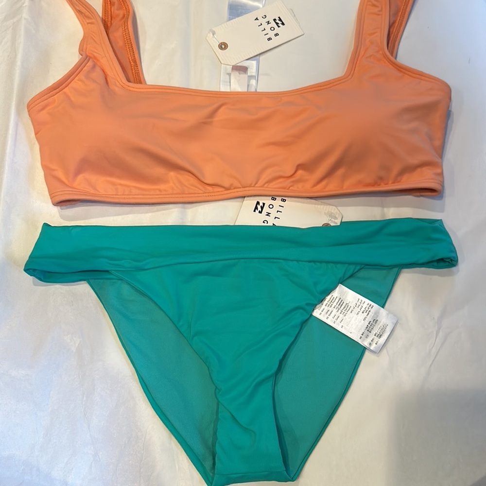NWT BILLABONG colorblock teal/coral bikini size M/L